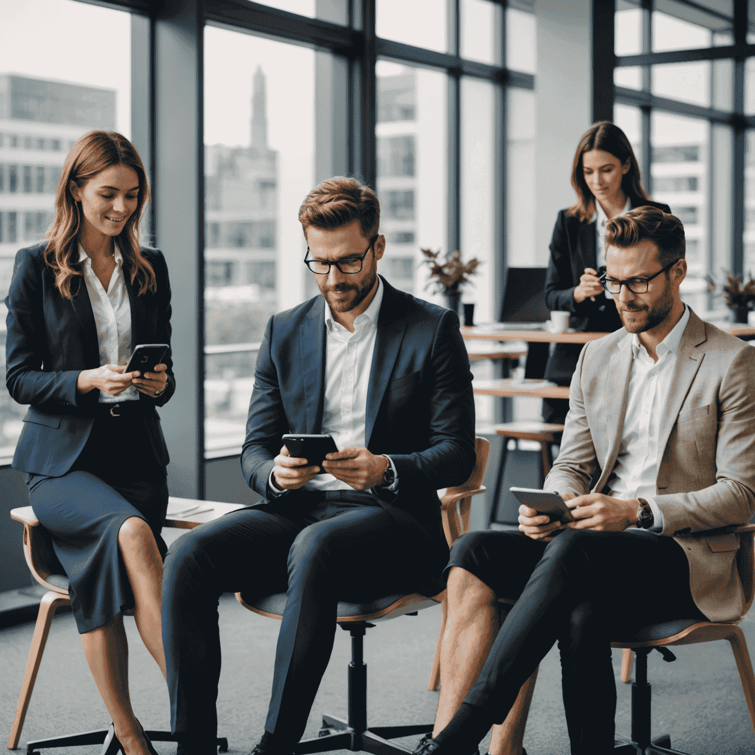 A group of business professionals using various mobile devices for communication in a modern office setting, showcasing enterprise-level mobile solutions
