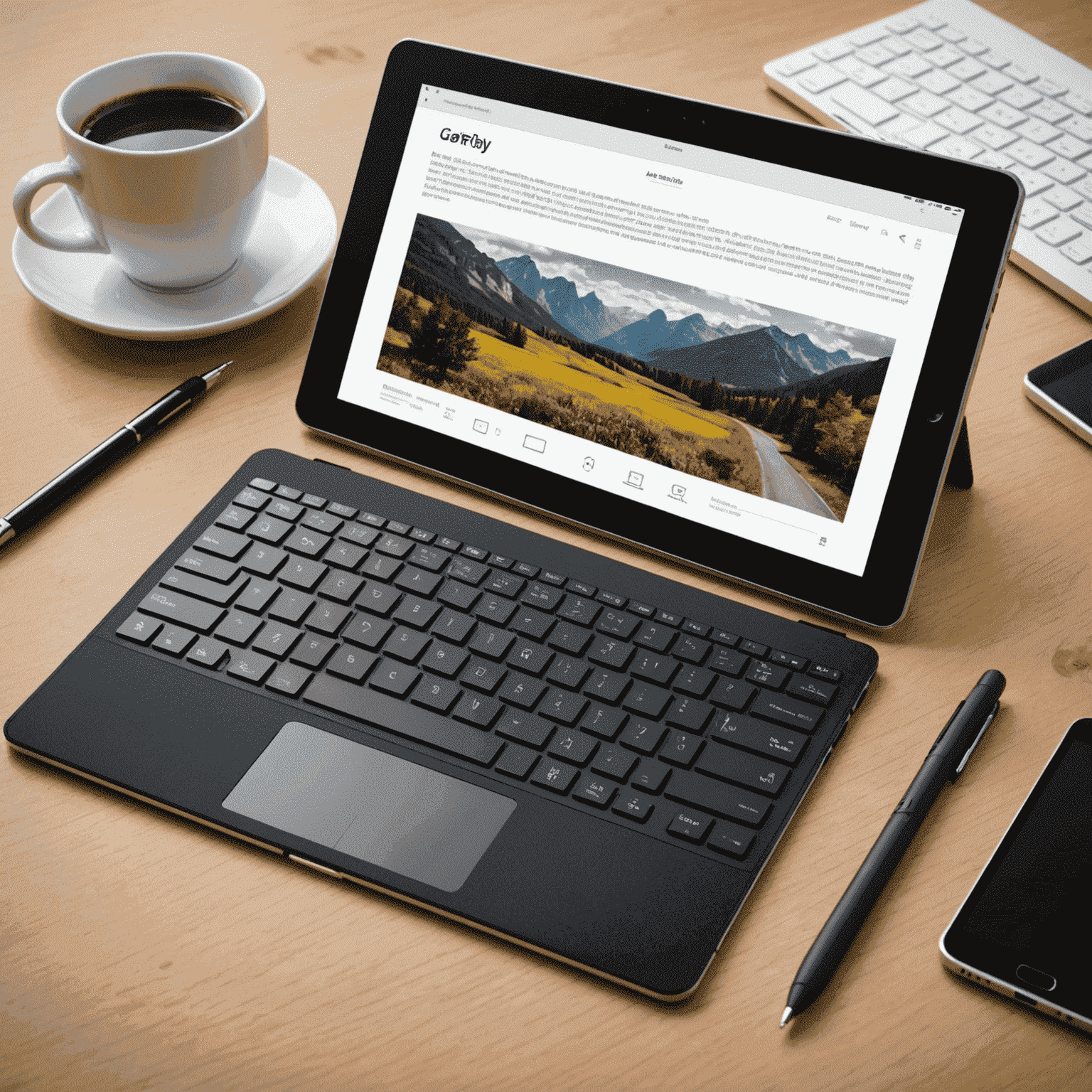 Modern tablet with large screen, stylus pen, and keyboard attachment