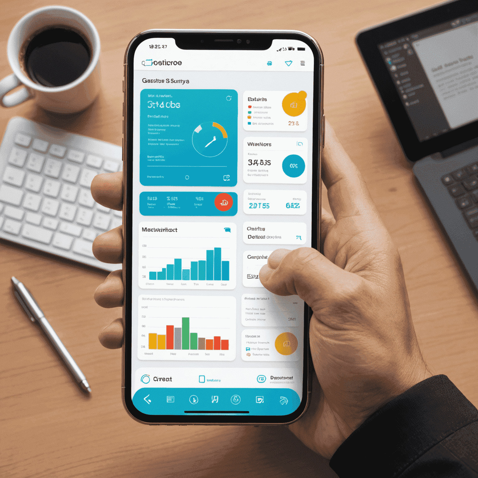 A smartphone displaying a custom-designed business interface with various productivity apps and communication tools