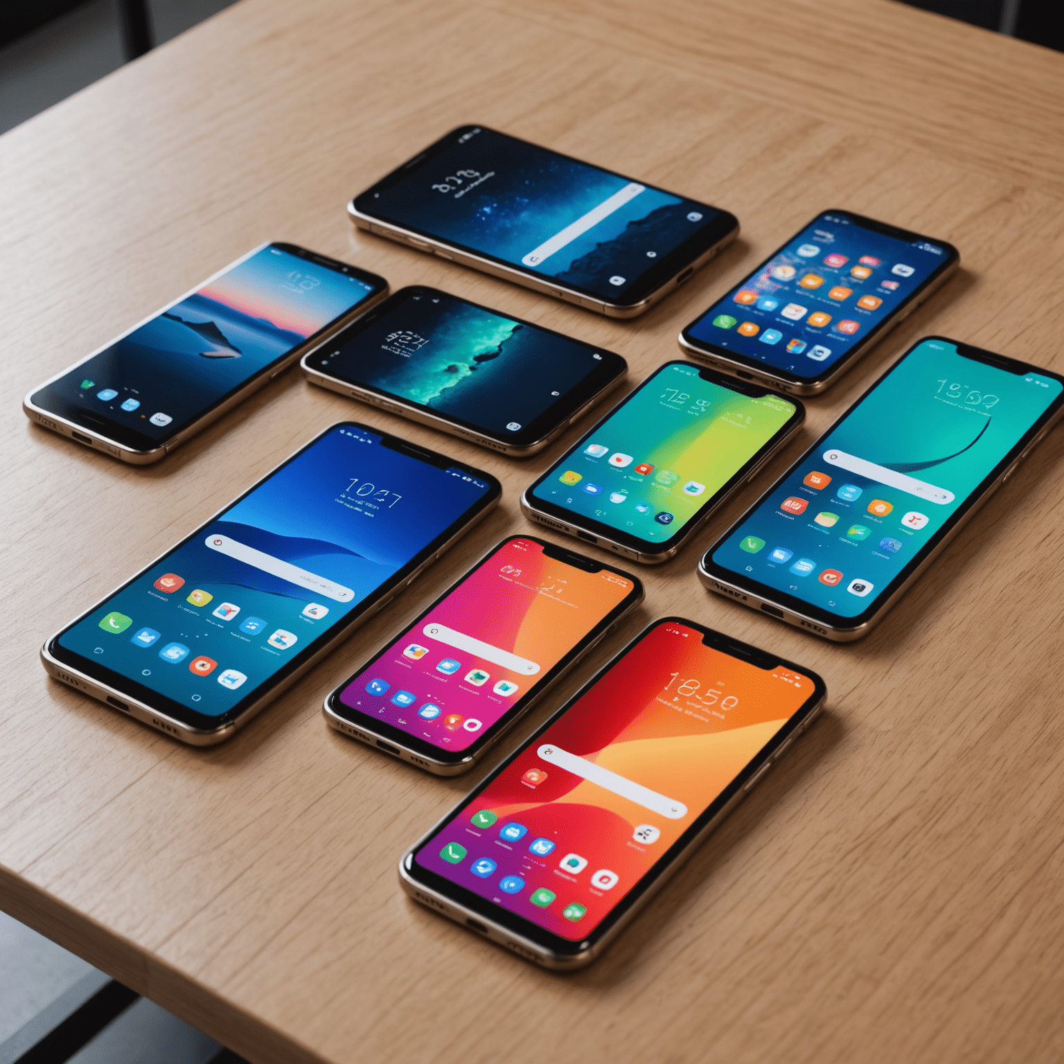 Various new smartphone models displayed on a sleek table with their screens showing different features