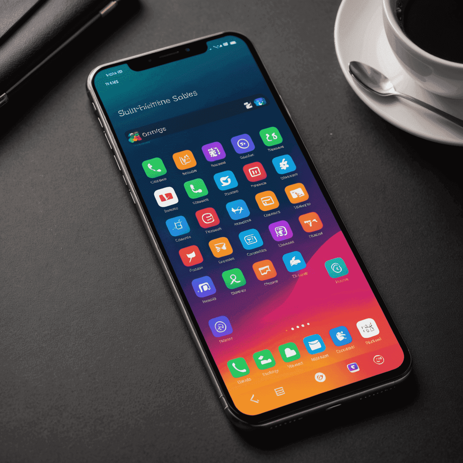 A sleek new smartphone with a vibrant edge-to-edge display, showcasing a modern phone interface with colorful app icons and a communication app in the foreground