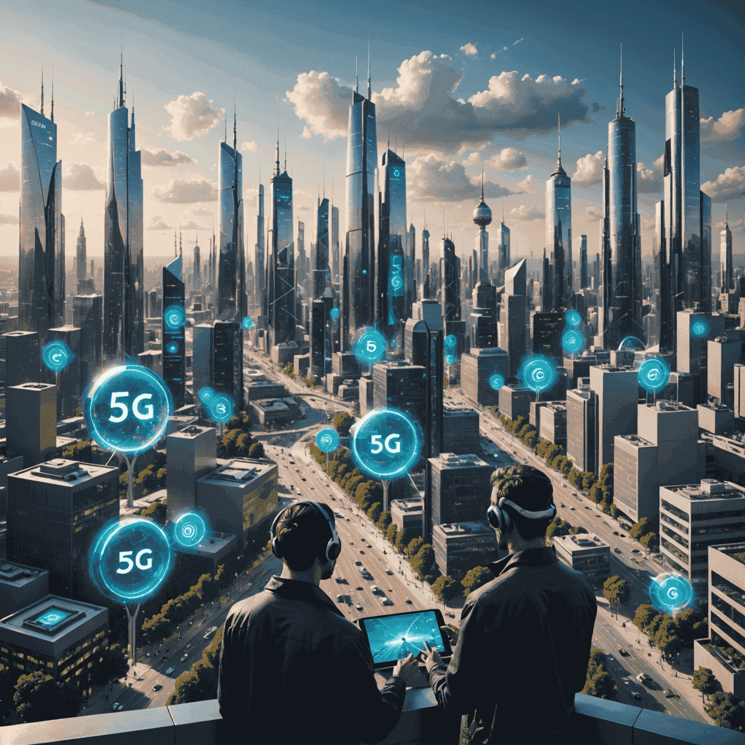 A futuristic cityscape with 5G towers and people using advanced mobile devices, showcasing the interconnectedness of 5G technology