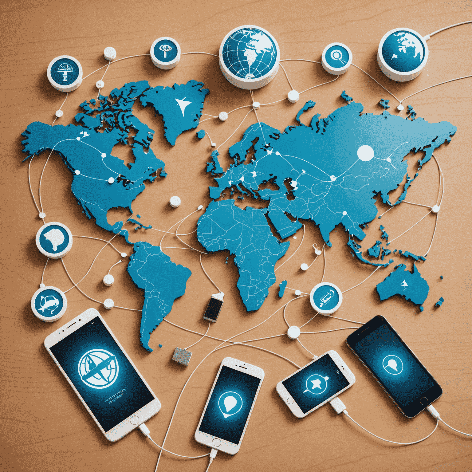 World map with connected devices showing international roaming concept