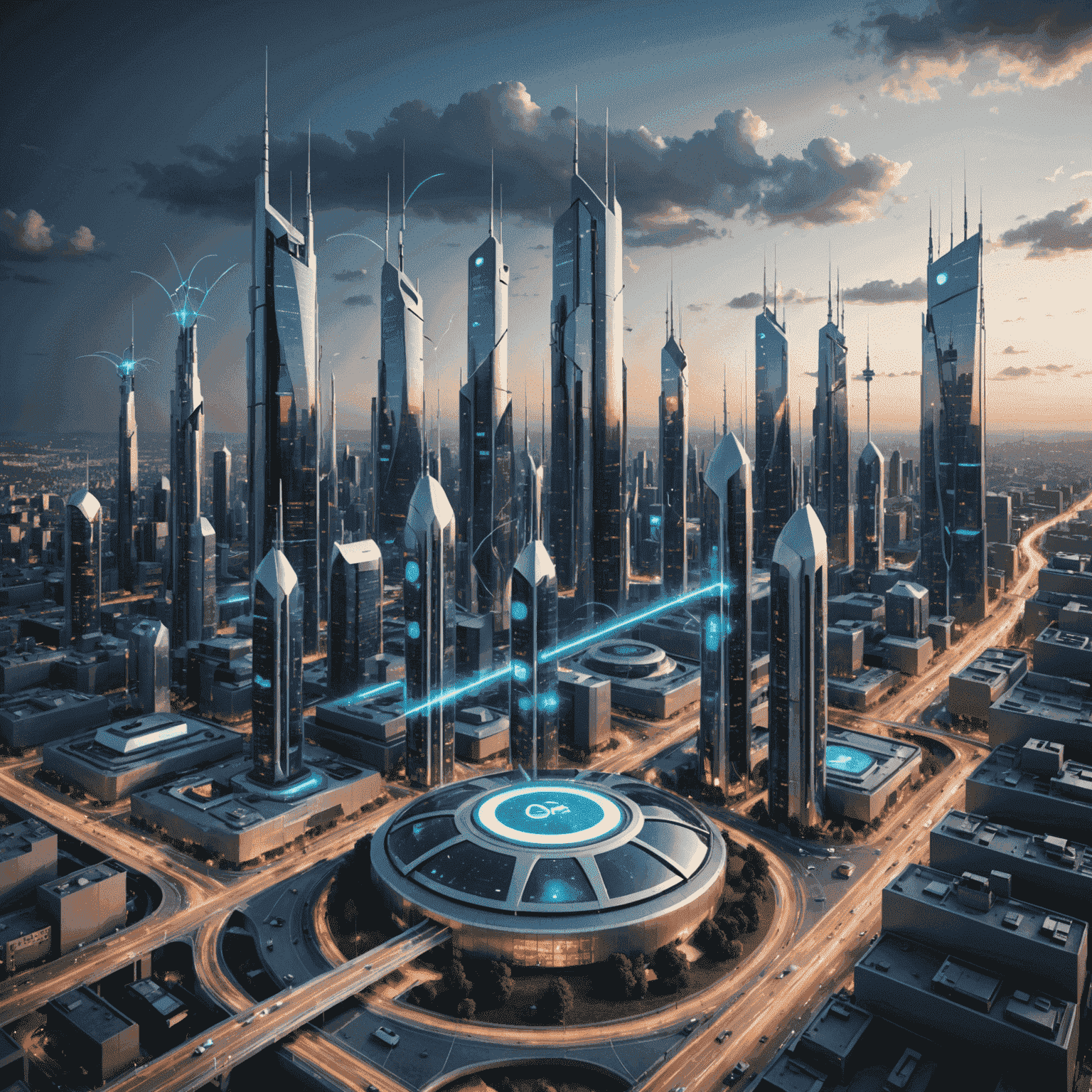 Futuristic cityscape with 5G towers and devices showing high-speed connections