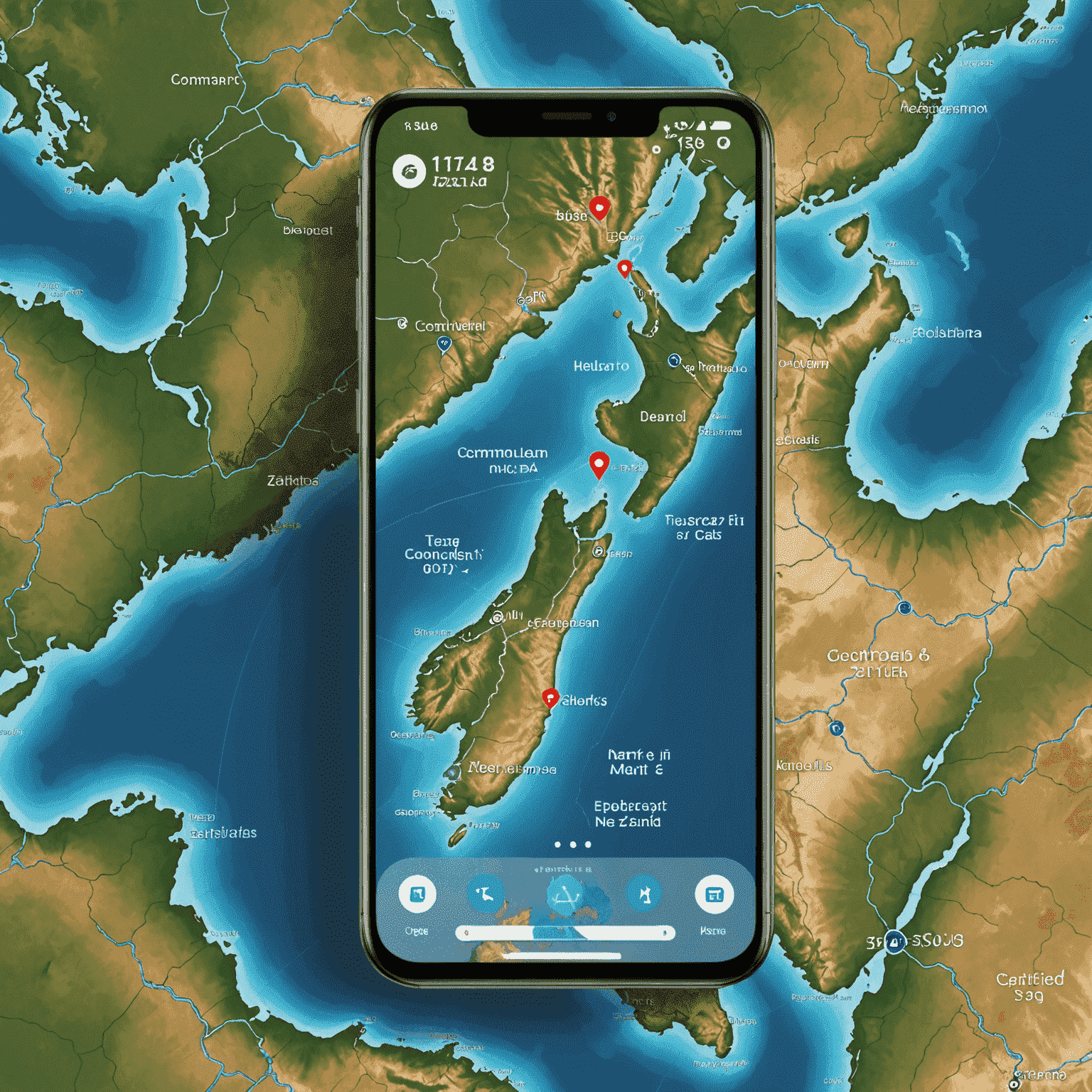 CommuniPro 5G smartphone displaying a map of New Zealand with 5G coverage indicators, emphasizing its strong connectivity features