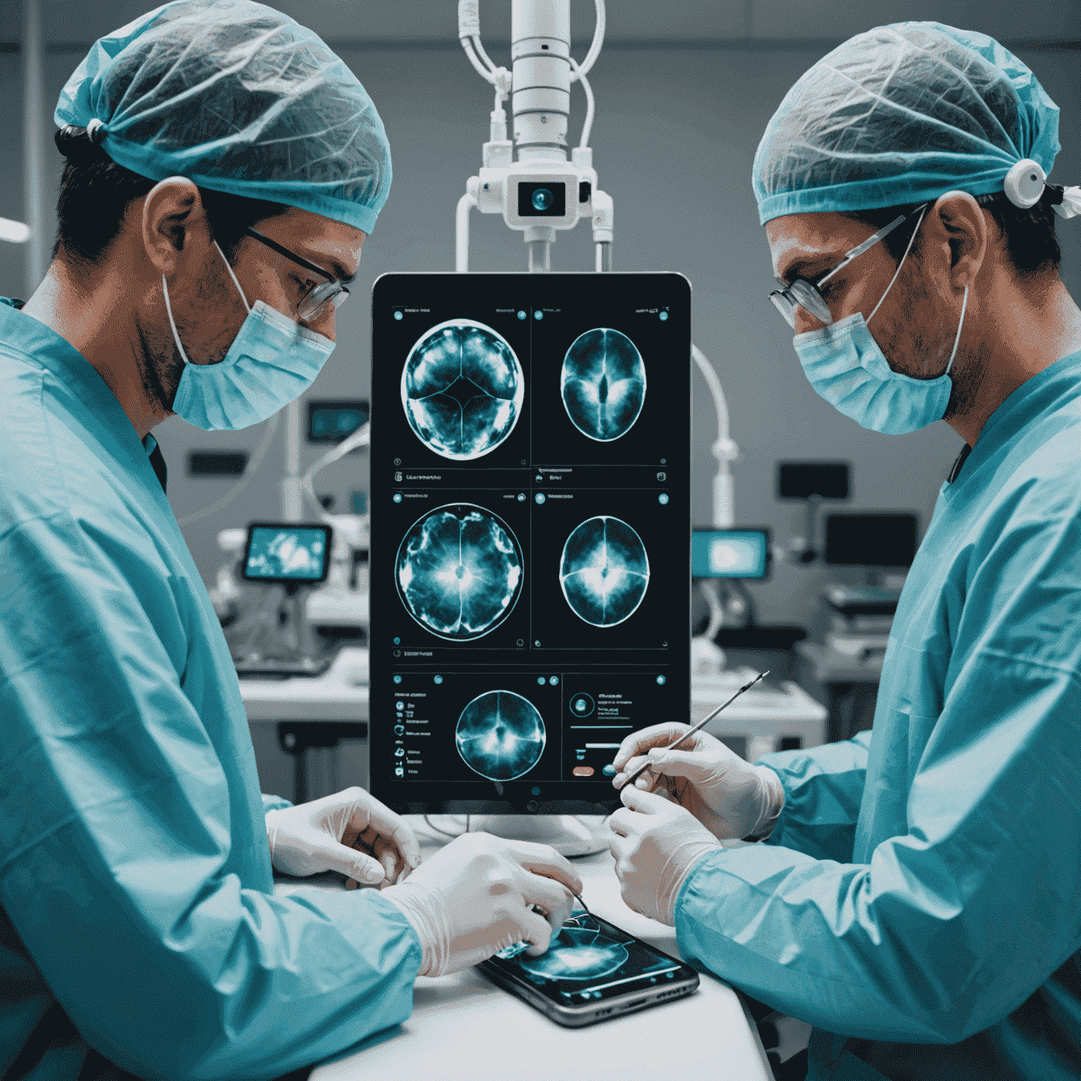 Split screen showing a surgeon performing remote surgery using 5G technology on one side, and a person using an advanced AR application on their smartphone on the other