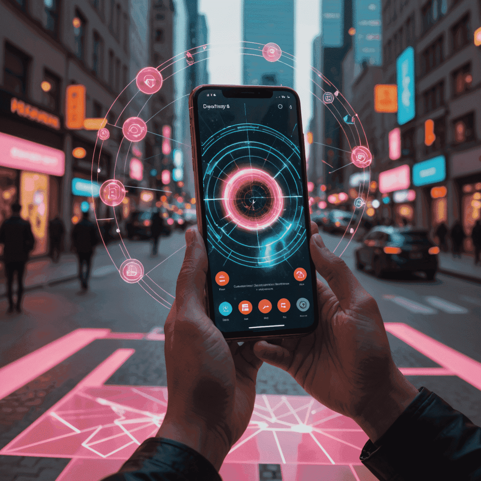 Person using a smartphone with an AR overlay showing holographic communication elements, with a pink and red color scheme