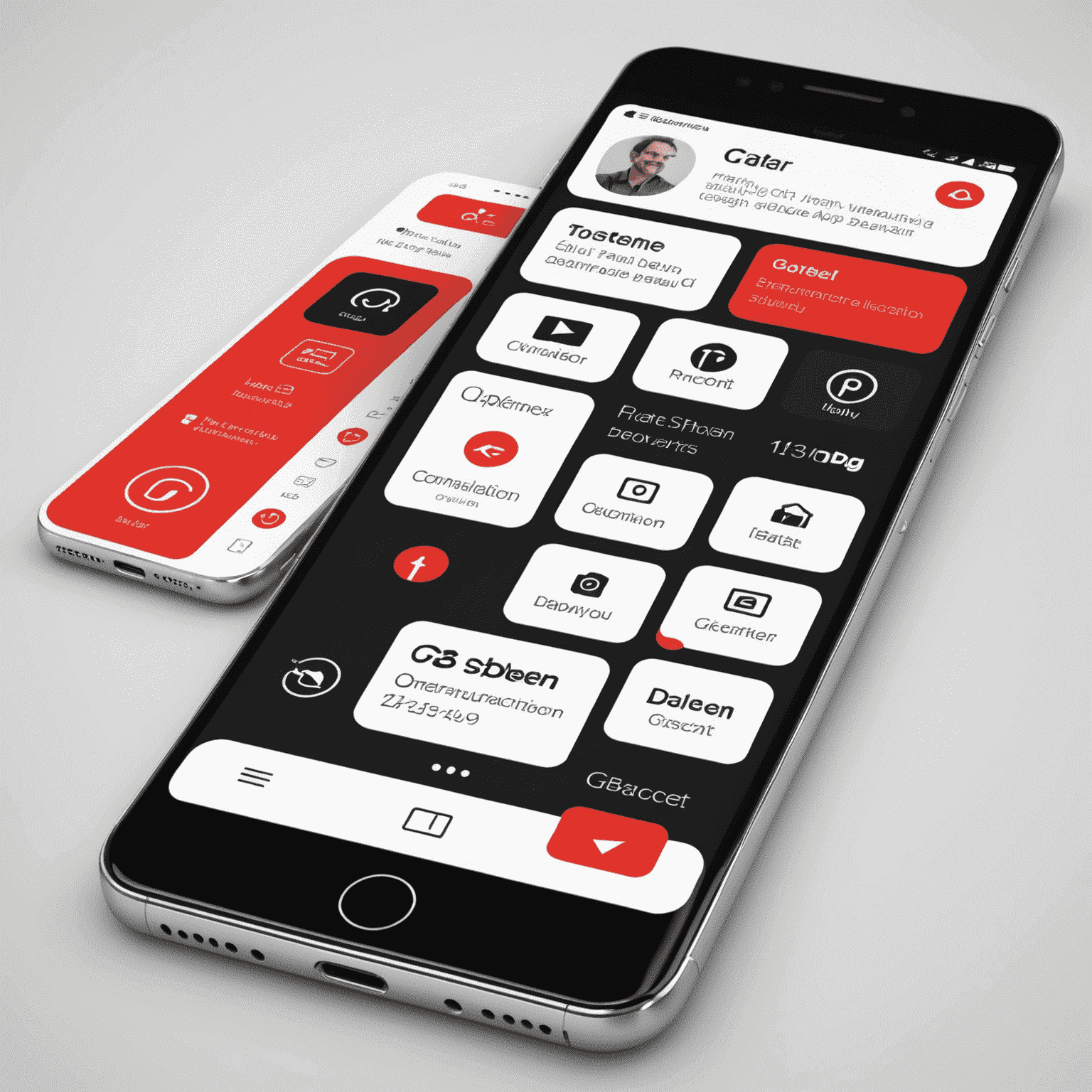 Smartphone screen displaying a unified communication app interface with various communication options, using a sleek black and white design with red accents