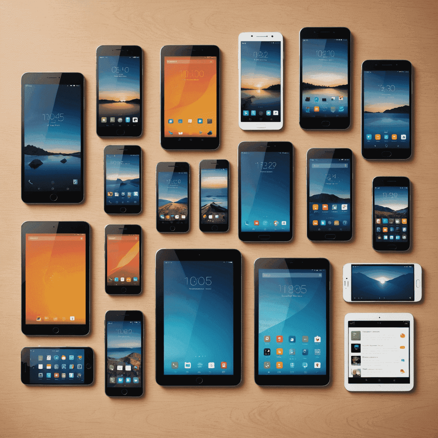 A collection of modern smartphones and tablets displayed with their features